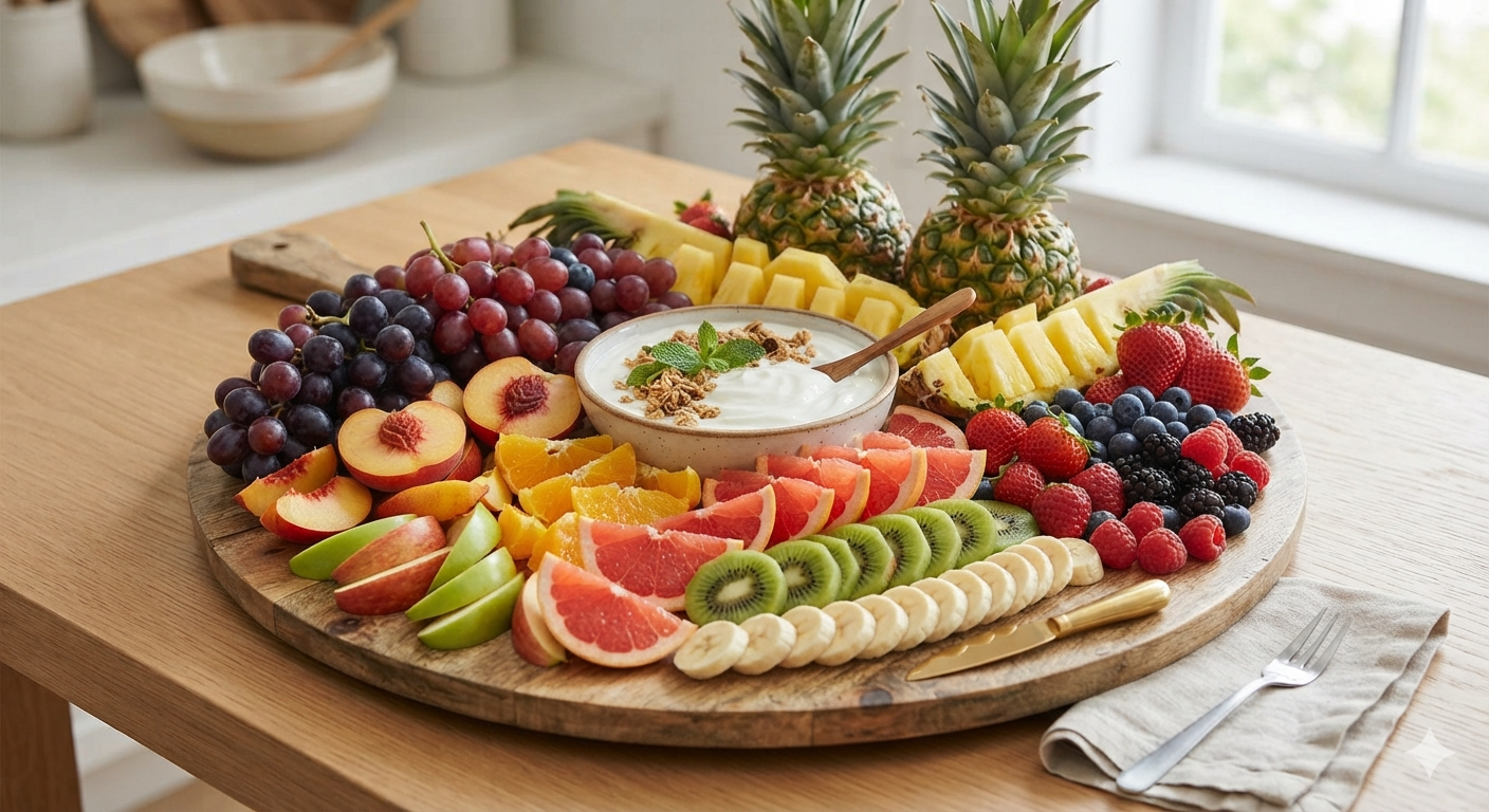 Fresh fruits on a wooden board cutout